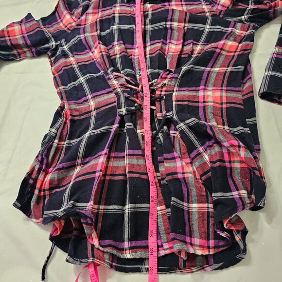 Express Women's Plaid Lace-Up Front Corseted Flannel Black/Pink Sz L Goth - Picture 10 of 10